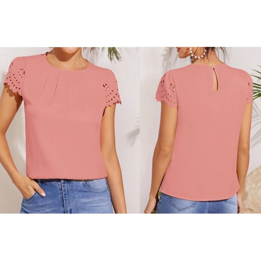 Shein Scallop Trim Laser Cut Sleeve Pleated Detail Top - Coral Pink - Size M